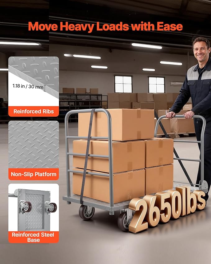 VEVOR 2 in 1Platform Truck, 2650 LBS Heavy Duty Flatbed Cart Dolly with Detachable Rear Guardrail and Swivel Wheels, Foldable Hand Push Truck Cart for Groceries, Garage, Warehouse (48"×24")