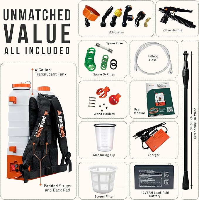 PetraTools Battery Powered Backpack Sprayer 4 Gallon - 6 Hours Long Battery Life & Padded Straps for Comfort - HD4000 Electric Backpack Garden Sprayer with 6 Spray Nozzles & 90PSI Adjustable Pressure