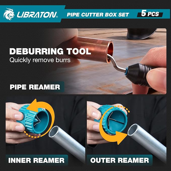 LIBRATON Pipe Cutter Tool 1/8"- 2", Heavy-Duty Copper Tube Cutters, PEX Pipe Cutter, Deburring Tool & Pipe Reamer, 5PCS Tube Cutting Set for Copper, Aluminum, PEX, PVC, with Blow Molded Case