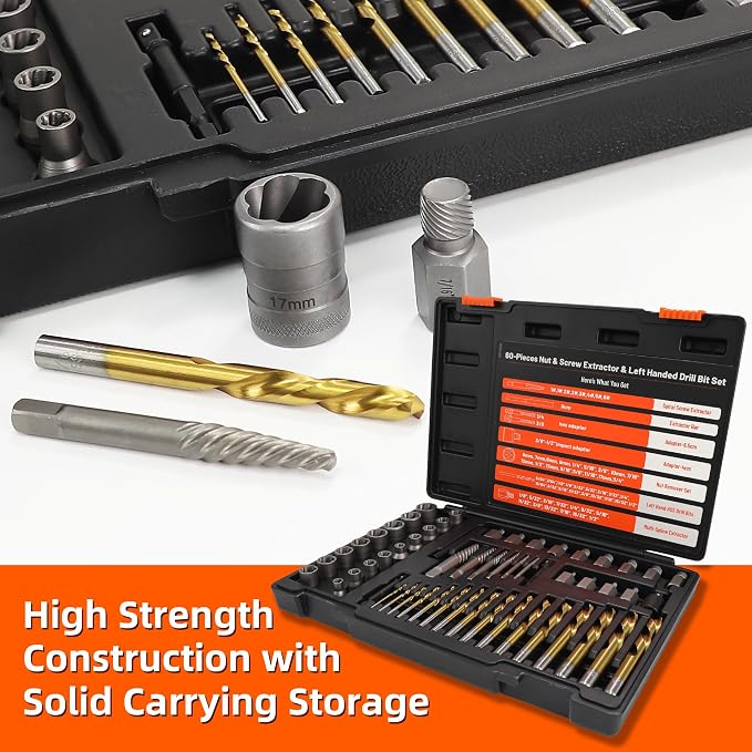 56Pcs Spiral Screw Extractor Set, Left Hand Drill Bit Set, Easy Out Bolt Extractor Set with Hex Adapter, Multi-Spline Lug Nut Remover for Stripped, Rounded, Damaged, Broken Studs Bolts Screws
