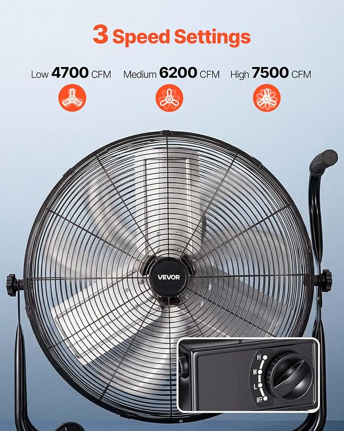 VEVOR Industrial Shop Fan, 24 Inch Floor Drum Fan, High Velocity 7500 CFM, Heavy Duty Aluminum Blades, 3 Speeds, 360 Degree Tilt, Ideal for Commercial, Garage, Warehouse, Basement, Workshop, Black