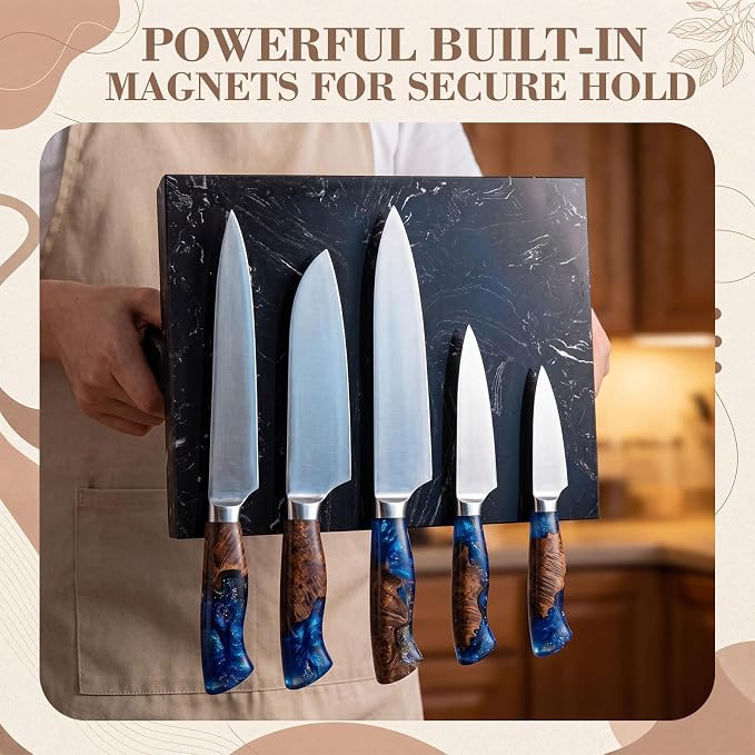 Magnetic Knife Block Marble Black Magnetic Knife Holder Heavy Duty Knives Block Stand with Strong Magnets for Countertop Kitchen Storage, 8.46 x 10.24 Inches