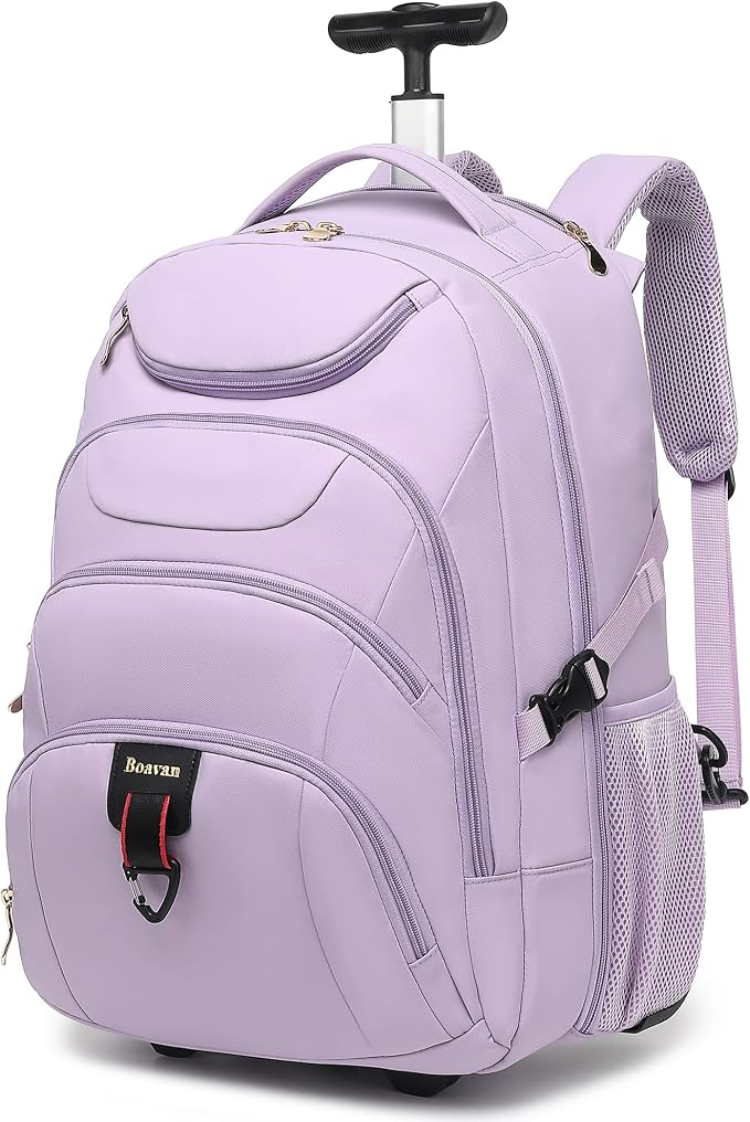Boavan Rolling Backpack for Women, 17.3 Inch Wheeled Laptop Backpack,Large Travel CarryOn Bag for Teachers College Students, USB Charging Port Waterproof Business for Airplane Overnight Luggage，Purple