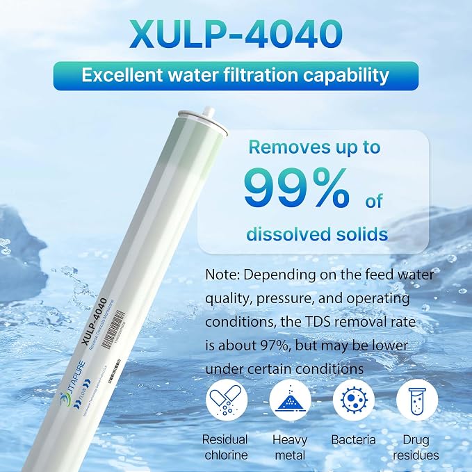 JTAPURE XULP 4040 RO Membrane, 2600 GPD Extra Low Pressure 100 PSI | 99% rejection 4x40 RO membrane for well water, groundwater and tap water systems with high output at only 100 PSI