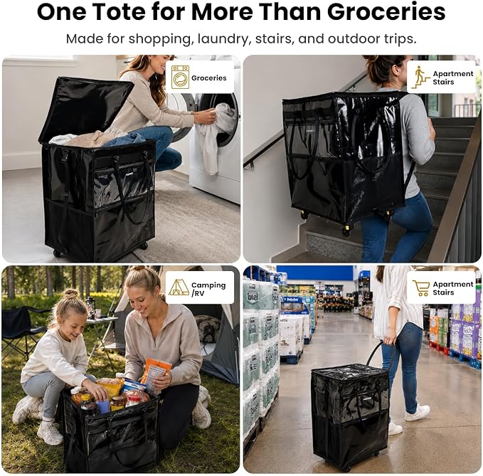 Rolling Grocery Bag with Wheels, 120L Foldable Shopping Cart Bag with Wide Shoulder Straps, 5 Detachable Wheels, Buckle Storage Strap, Large Reusable Utility Tote for Groceries (Black, Large)
