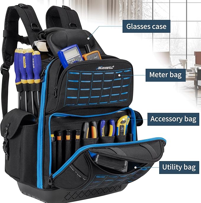 BLISSWILL Tool Bag Backpack for men,Heavy Duty Tool Backpack Bag with Waterproof Molded Base，62 Pockets/40 Loops Heavy Duty Tools Organizer Bags/Electrician/Industrial/Construction Work Backpack
