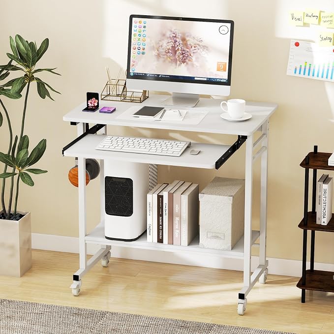 Tangkula Rolling Computer Desk Cart with Keyboard Tray, Mobile Portable Laptop PC Desk with CPU Stand & 3 Hooks for Sofa & Bed, Compact Small Desk on Wheels for Small Spaces (White)