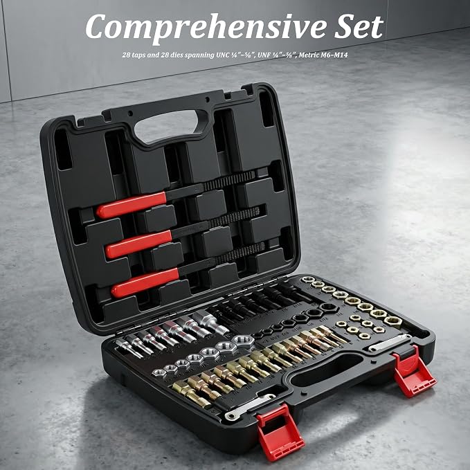 61 PCS Thread Chaser Set, Metric & SAE Tap and Die Set, Thread Repair Kit, Rethreading Tool Kit, UNC, UNF, Metric, 3 Thread Files and 2 Pitch Gauges