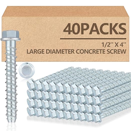 Tandefio 40 Pack 1/2" x 4" Galvanized Concrete Anchors and Screws Kit Large Diameter Concrete Heavy Duty Plated Hex Head Screw for Anchoring Masonry Brick Block Stucco Cement
