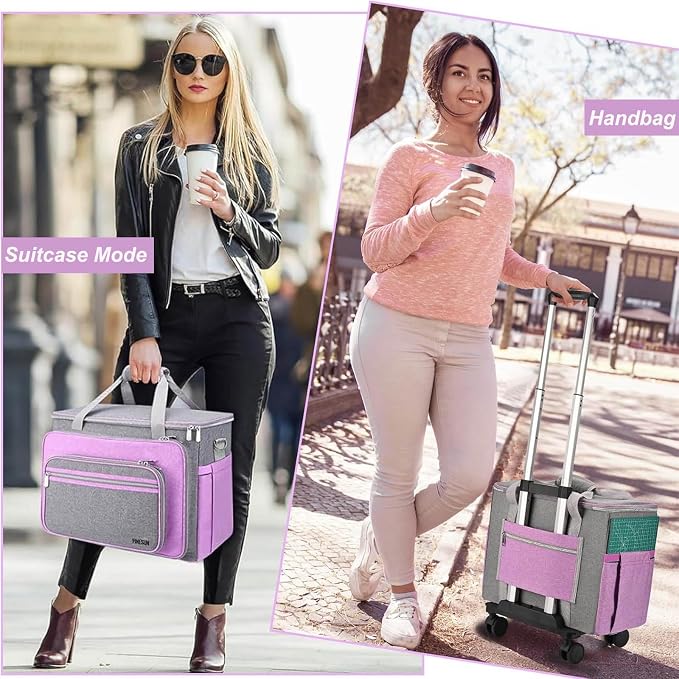 FINESUN Sewing Machine Case with Wheels, Rolling Sewing Machine Bag, Universal Craft Storage Bag for Brother Singer Janome and Most Embroidery Machine Carrying Tote Bag Purple