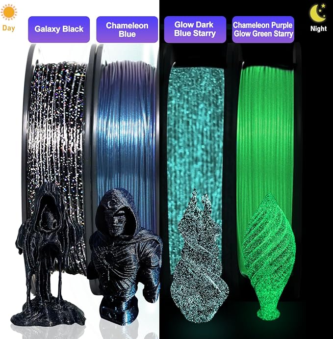 YOUSU 3D Printer Filament Galaxy PETG Filament 1.75mm +/- 0.02mm,Glow in The Dark Laser Chameleon Series 3D Printing Filament Bundle,Multi Color Filament 250g X 4 Color Pack