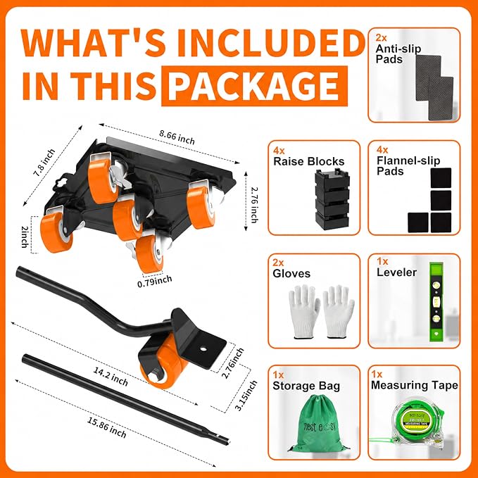 Upgraded Heavy Duty Furniture Dolly 360° Rotating 5 Orange Wheels, Alloy Steel Furniture Movers Up to 3748 lbs/1700 Kg Load Capacity with Measure Tape and Leveler (8.6x7.8 in)
