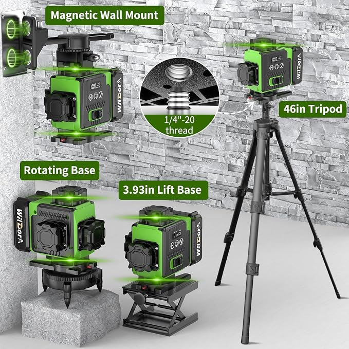 Laser Level 360 Self Leveling with Tripod, Remote Control 4D Green 16 Line Laser Leveler Tool with 2x4800mAh Li-ion Batteries & Hard Carry Case, Laser Level for Construction & Renovation