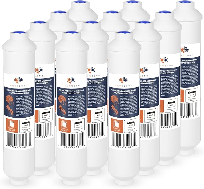 Aquaboon Inline Water Filter for Refrigerator 12-Pack of Inline Post/Carbon Polishing Water Filter Catridge for Reverse Osmosis System Standard Size (Jaco fitting)