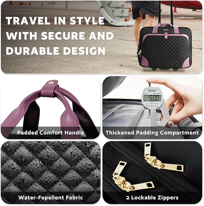 Arcoyard Rolling Laptop Bag, Large Rolling Briefcase for Women with Waterproof Pocket, 17.3 Inch Computer Bag Laptop Case with Wheels, Roller Work Bag for Office Travel Business Teacher, Black Purple