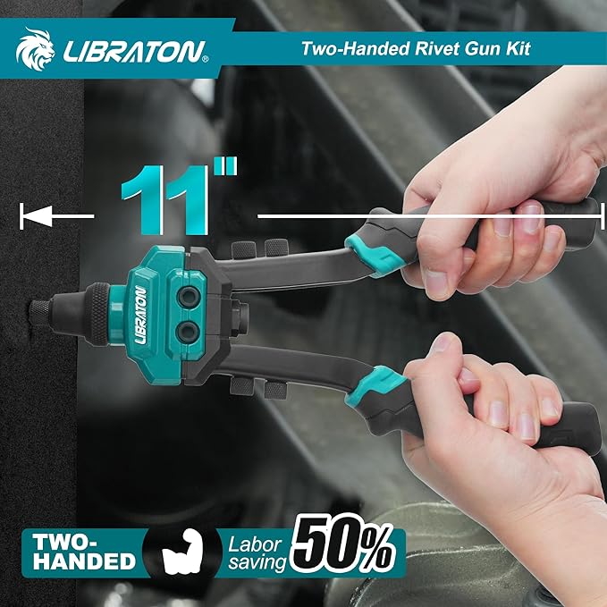 LIBRATON Pop Rivet Gun Kit, Two-Handed Rivet Gun, Heavy Duty Rivet Gun Kit, Pop Rivet Tool with 250 Aluminum Rivets in Box, 5 Tool-Free Interchangeable Nozzles, 5 HSS Drill Bits, for Automotive, Metal