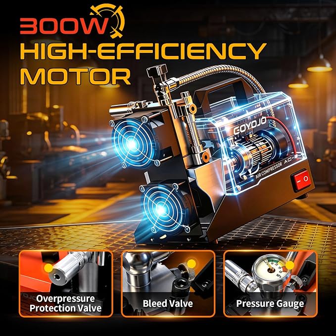 GOYOJO AC-2 PCP Air Compressor, 4500 PSI/30 MPa Portable Oil-Free Air Pump, Up to 45 Min Continuous Runtime, 12V DC & 110V/220V AC Converter, for PCP Airguns & HPA Paintball Tanks