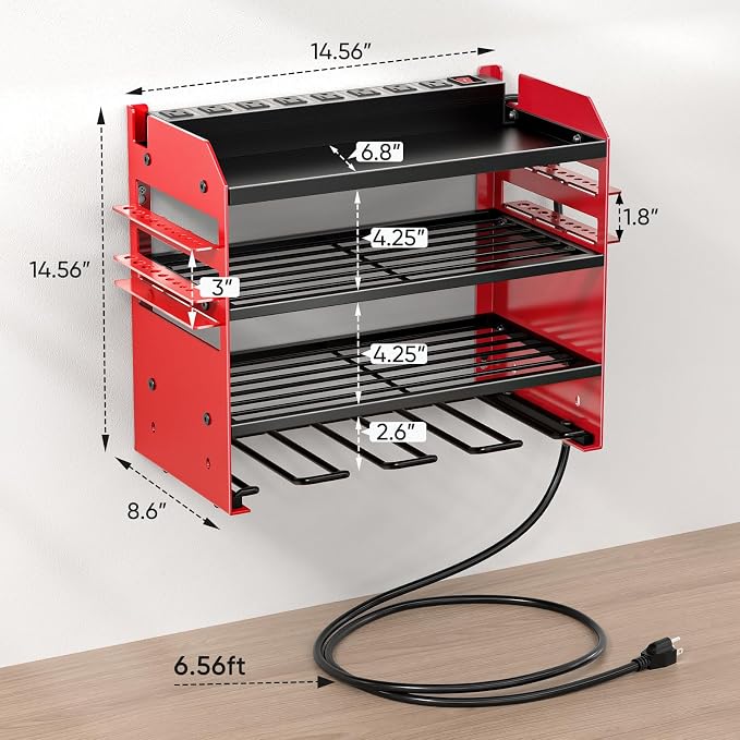 POKIPO Power Tool Organizer Wall Mount with Charging Station,Tool Storage Rack with 8 Outlet Power Strip,Heavy Duty Metal Battery Utility Rack with 4 Cordless Drill Holder 6.56 Ft Cord for Garage
