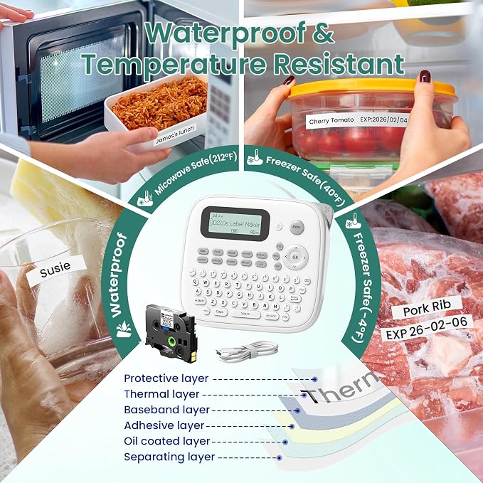 Label Maker Waterproof Labels, Labeler Machine with Tape, D210s Labeling Maker, 16+ Bolder/Handwritten Fonts & Intuitive Shortcut Keys, 12mm Removable Freezer Food Labels for Jars/Containers/Bottle