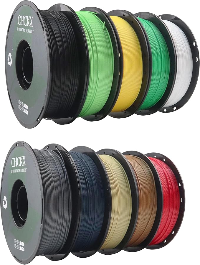 10 Pack PLA 3D Printer Filament Bundle, Dimensional Accuracy +/- 0.02 mm, 1kg Spool(2.2lbs), 1.75 mm，Black White Grey Red Green Blue Yellow Brown Lemon Green Ice Cream