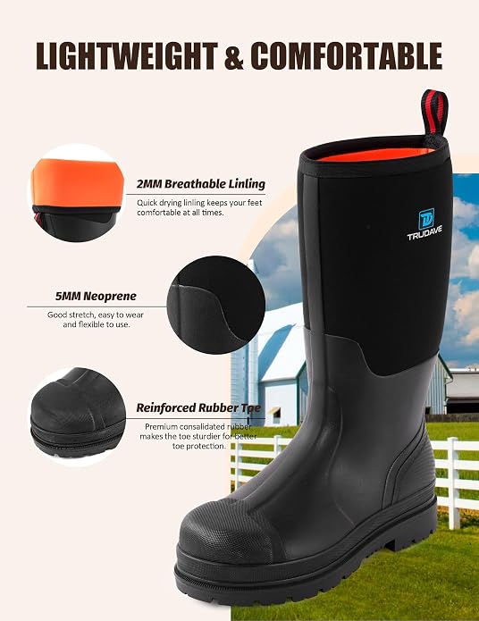 Trudave Rubber Boots for Men, Waterproof Rain Boots with Steel Shank & Reinforced Shell, 5mm Neoprene Insulated Knee Mud Boots for Outdoor Work Hunting Farming Fishing