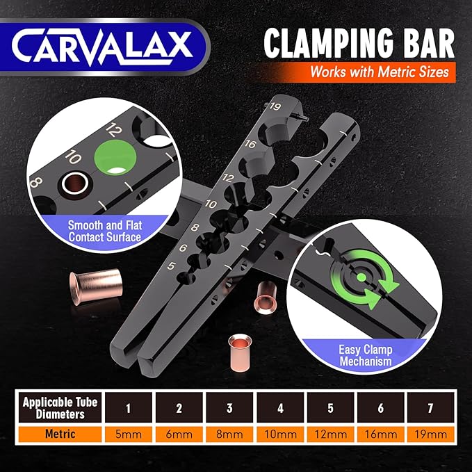 CARVALAX 45° Eccentric Flaring Tool Kit for Copper, Brass, and Aluminum Tubing, Single Flaring Bar with 7 Dies (5mm to 19 mm), for HVAC, Refrigeration,and Brake Lines, Heavy Duty with Case (Metric)