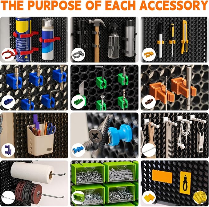 Plastic Pegboard Wall Organizer Kit, 12 Black Panels 48" x 24", 428 Accessories with Hooks, Clips, Bins & Holders, Modular Tool Storage Board for Garage, Workbench, Craft Room, Home Repair