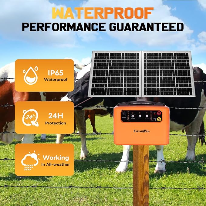 24 Hour Solar Electric Fence Charger, 30 Miles Solar Fence Energizer, 6-12KV Adjustable Output, 1.5J Solar Charger, 15W Solar Powered Electric Fence Kit for Livestock, Predator Protection