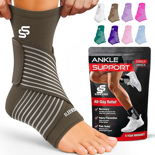 Sleeve Stars Ankle Brace for Women & Men, Ankle Wrap for Sprain, Compression Sleeve for Plantar Fasciitis Relief, Easy Customizable Support: w/ Removable Strap (Single/M:10"-12"/Dark Brown)