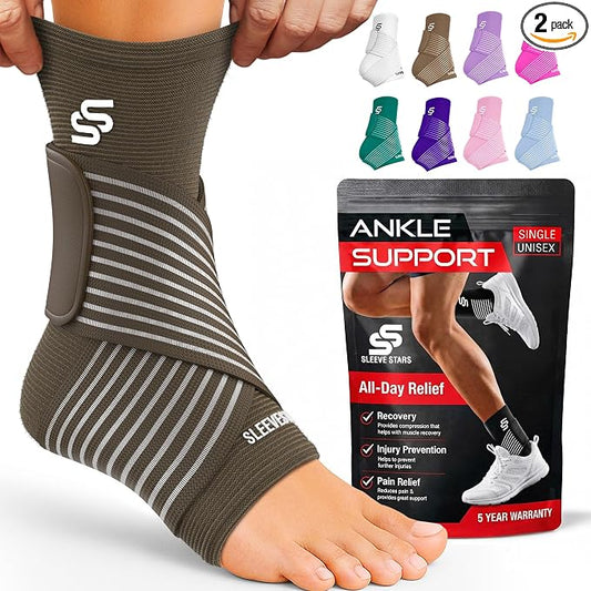 Sleeve Stars Ankle Brace for Women & Men, Ankle Wrap for Sprain, Compression Sleeve for Plantar Fasciitis Relief, Easy Customizable Support: w/ Removable Strap (Pair/M:10"-12"/Dark Brown)