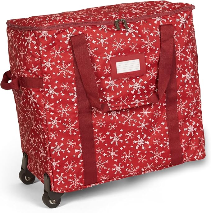 Covermates Keepsakes Rolling Treasurekeeper Storage Bag – Heavy-Duty Polyester with Dual Wheels & Handles – Protects Holiday Decorations with ID Window & Dual Zipper Access, Red Snowflake