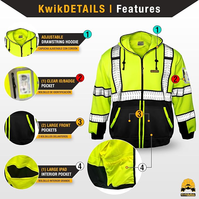 KwikSafety - Charlotte, NC - Men's Fleece Safety Hoodie | PPE Hi Vis Lightweight Reflective Jacket