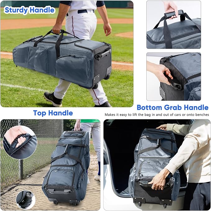 Large Rolling Baseball Catchers Gear Bag with Wheels, Softball Bag with Hard Backing for 4 Bats,Equipment Bag with Separate Shoe & Helmet Compartments, Youth Baseball Bag with 360° Spinner Wheels