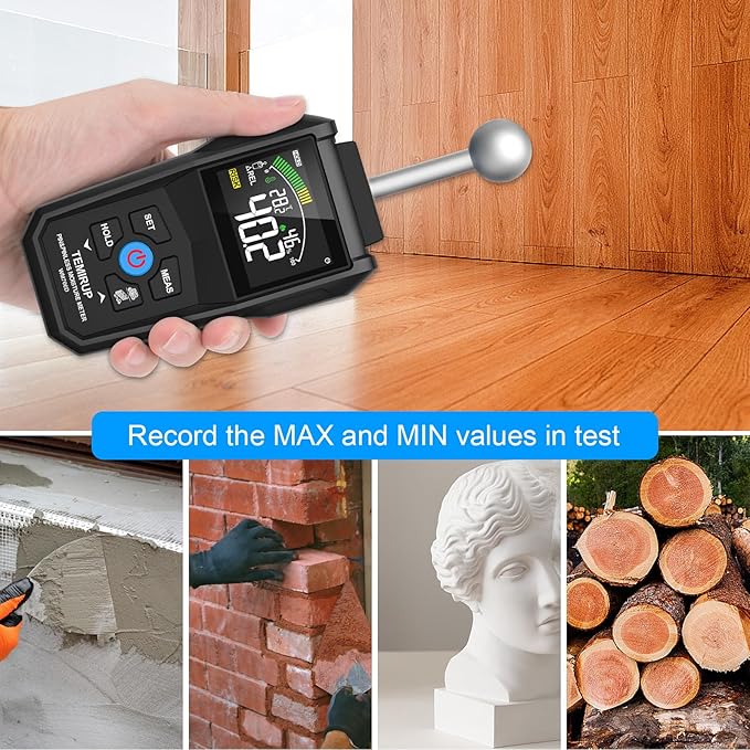 2-in-1 Pin & Pinless Moisture Meter, Digital Moisture Detector for Wood, Drywall & Building Materials, Large Color LCD Display, Acoustic Alarm, Calibration, Detects up to 20-40 mm Below Surface