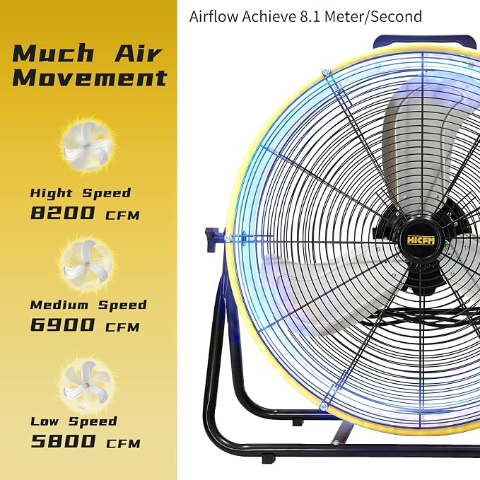 HiCFM 8200 CFM 24 inch Portable High Velocity Drum Fan With Powerful 1/3 HP Motor, Turbo Blade, 3 Speed Low Noise Design and 9ft Power Cord for Air Circulation, Convenience - UL Listed