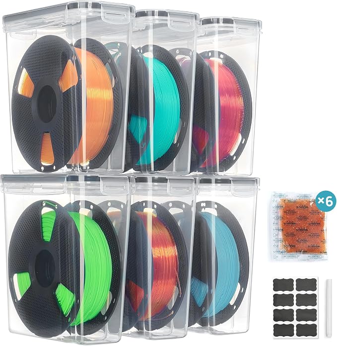 Vtopmart 6 Pack Filament Storage Box - Filament Storage with Desiccant, Labels & Marker, Waterproof Filament Storage Container for 1KG Spools Dust-Proof & Stackable Box for PLA/ABS/PETG/TPU/Nylon