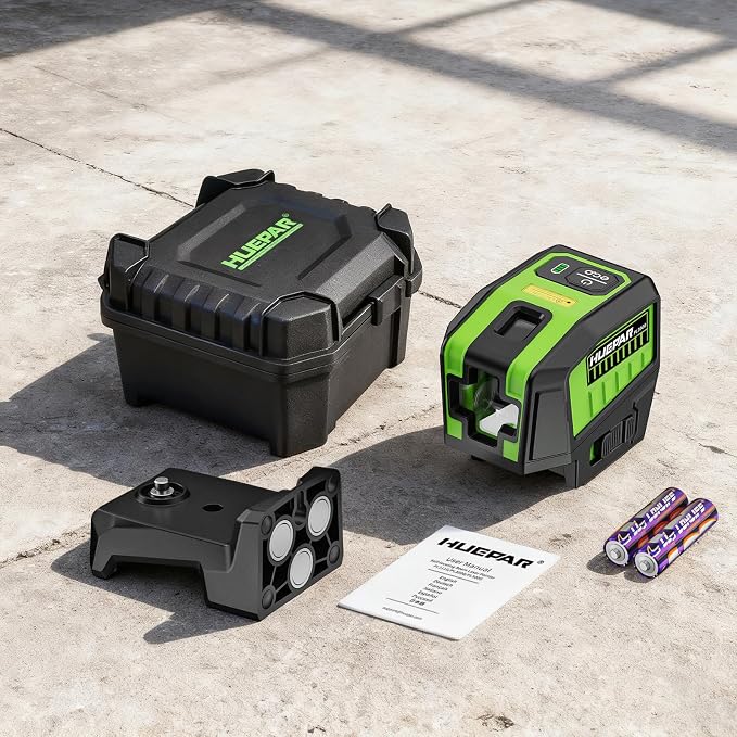 HUEPAR 3 Point Self Leveling Laser Alignment Tool with Plus Mode (98-165Ft), Laser Plumb Dots Level with 360° Magnetic Base Includes 2 AA Batteries & Hard Carrying Case - PL300G