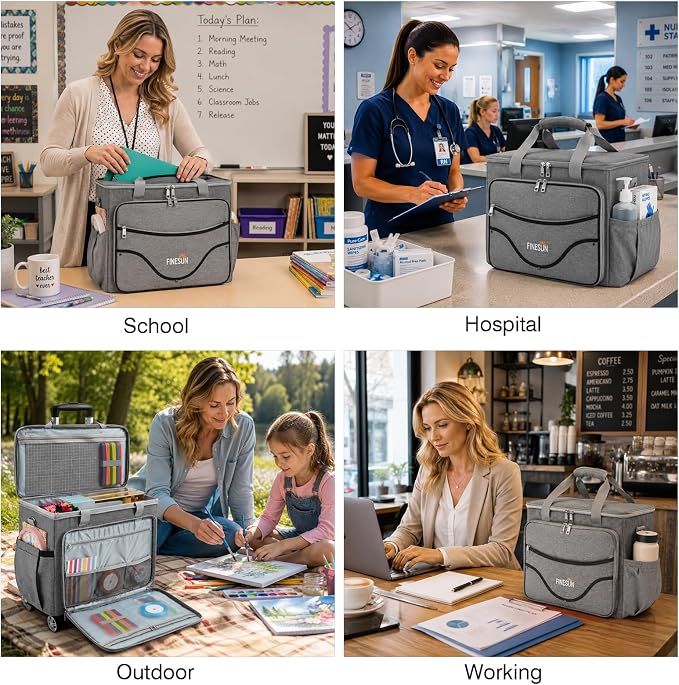Rolling Teacher Tote Bag with Wheels, Heavy Duty Wheeled Craft Organizer Bag, Portable Art Scrapbook Storage Cart, Travel Office Carry Tote for Women Teachers Craft Supplies Storage Grey