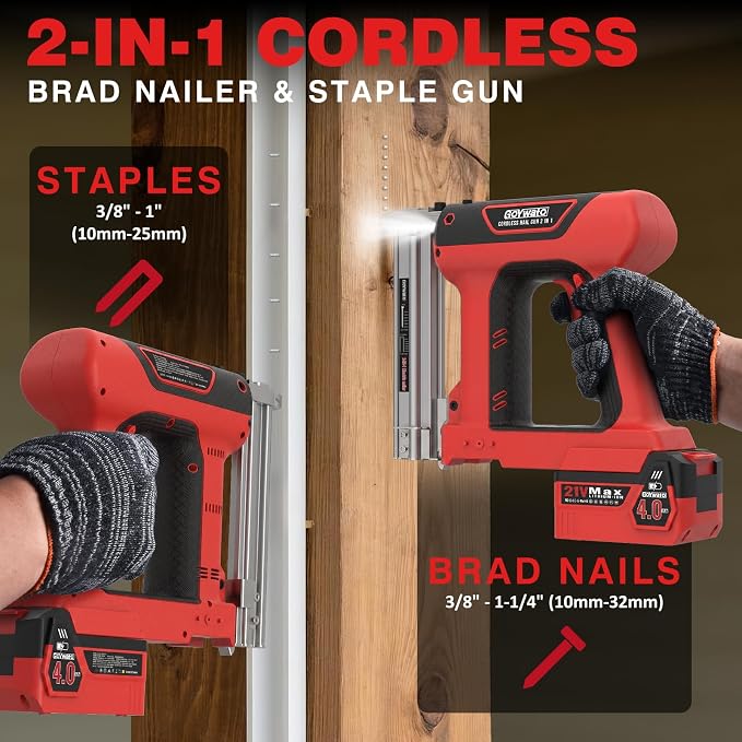 21V Cordless Nail Gun - 18 Gauge 2 in 1 Battery Powered Electric Brad Nailer with 2 x 4.0Ah Batteries & Charger & 1000 Nails & 1000 Staples for DIY & Home Improvement & Wood Working (Red)