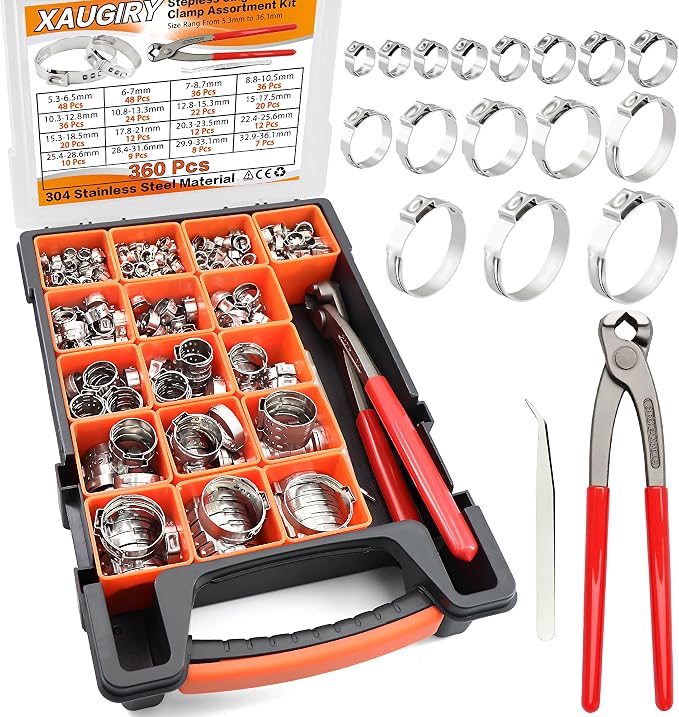 360Pcs 16 Sizes 304 Stainless Steel Stepless Single Ear Hose Clamp Assortment Kit,Adjustable 5.3-36.1mm,with Ear Clamp Pincer Tool,for Fuel Line,Automotive,Industry,Home Pipeline