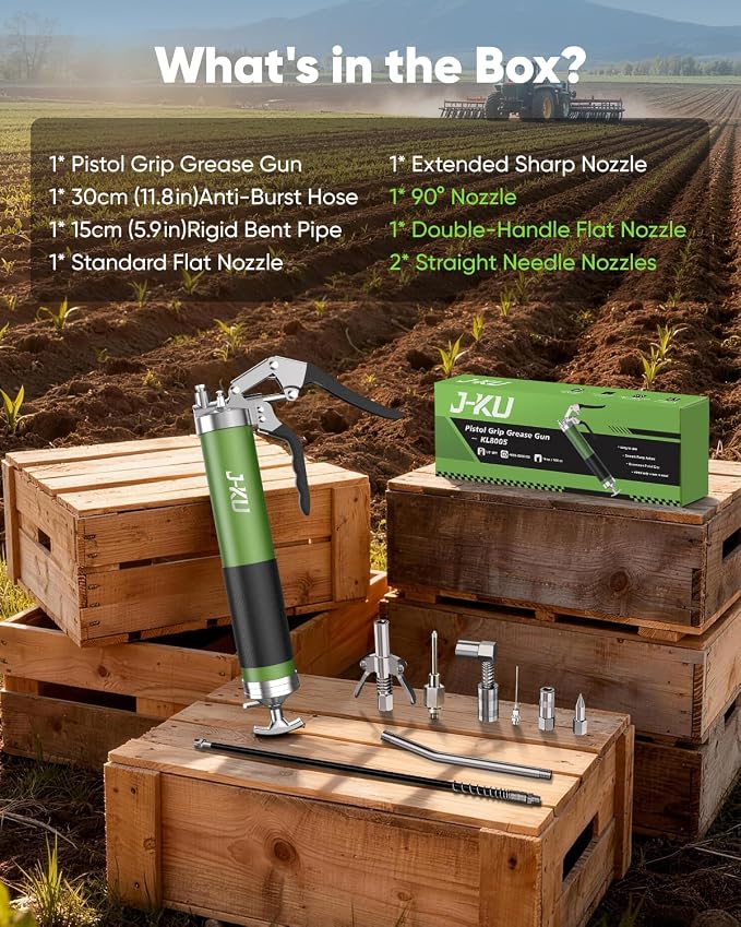 J-KU Grease Gun, 14 oz Manual Pistol Grip Grease Gun Kit – Heavy Duty 8000 PSI High Pressure Grease Gun with Air Bleed Valve for Easy Priming, Flexible Hose & 6 Nozzles for Automotive, Marine, Tractor