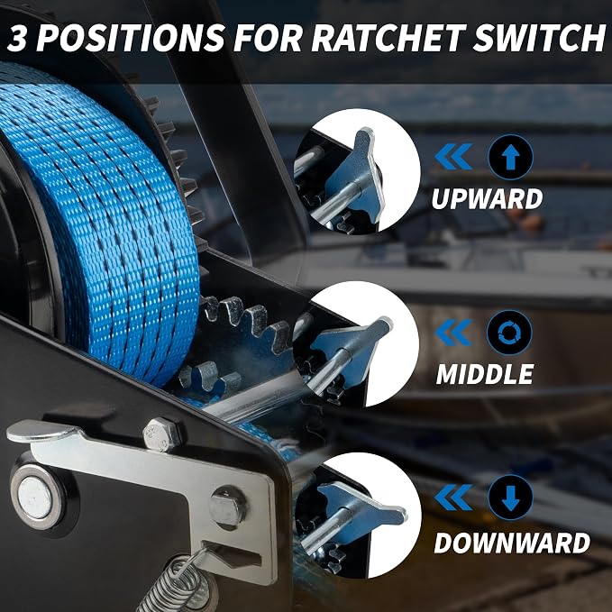 3500lbs Heavy Duty Boat Trailer Winch with 32FT Strap，2-Way Ratchet 4:1/8:1 Gear Trailer Winch，Portable Hand Crank Winch for Boat, Truck, Trailer, RV, ATV, Jet Ski