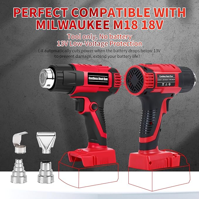 Cordless Heat Gun for Milwaukee M18 18V Battery – 380W 1022°F Hot Air Gun for Electricians, DIYers & Auto Wrapping | Shrink Tubing, Vinyl Wrap, Paint Removal | LED Light, 4 Nozzles, Tool Only