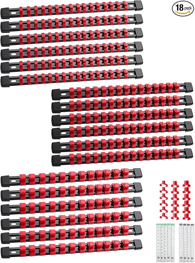 ALOANES 18PC Socket Organizer, Socket Rails Fit 1/2", 1/4" and 3/8" Drive | Heavy Duty ABS Socket Holders Hold up 258 Sockets for Mechanics Toolbox Drawer Bags(Red)