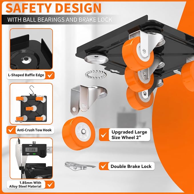 Upgraded Heavy Duty Furniture Dolly 360° Rotating 5 Orange Wheels, Alloy Steel Furniture Movers Up to 3748 lbs/1700 Kg Load Capacity with Measure Tape and Leveler (8.6x7.8 in)