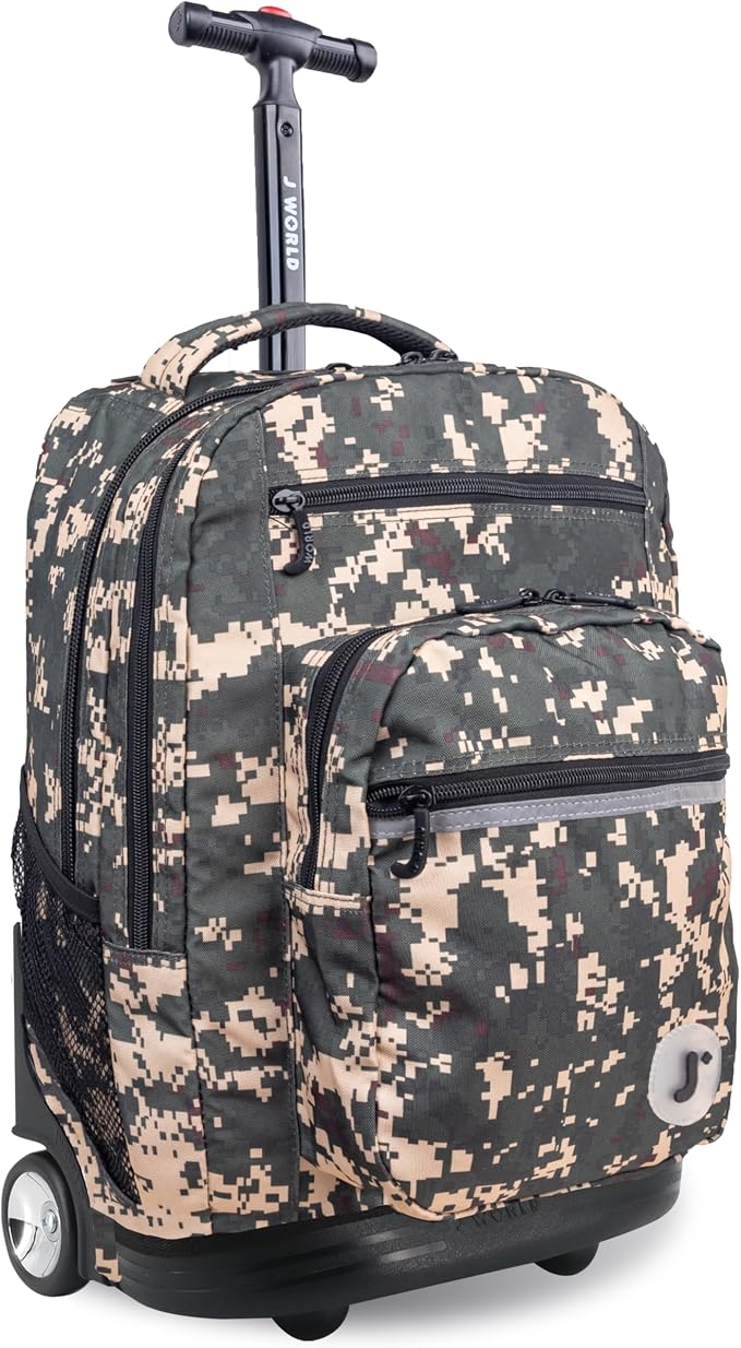 J World Sundance Laptop Rolling Backpack for Girls Boys. Roller Bookbag with Wheels, 20 Inch, Green Camo