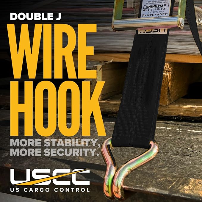 US Cargo Control Wire Hook Ratchet Strap 2 Inch x 30 Foot, 10,000 LBS Break Strength, Ratchet Straps Heavy Duty with Double J Hooks, Black Cargo Tie Downs for Flatbed Trailers and Trucks
