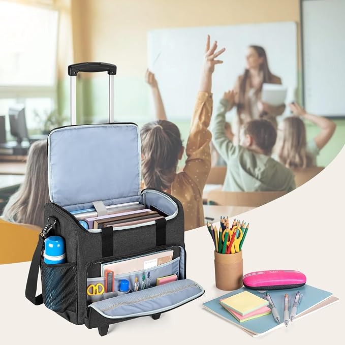 Trunab Rolling Teacher Bag, Teacher Tote Bag with Bottom Pad and Detachable Trolley, Wheeled Teacher Bag with Padded Sleeves Holds up to 15.6” Laptop