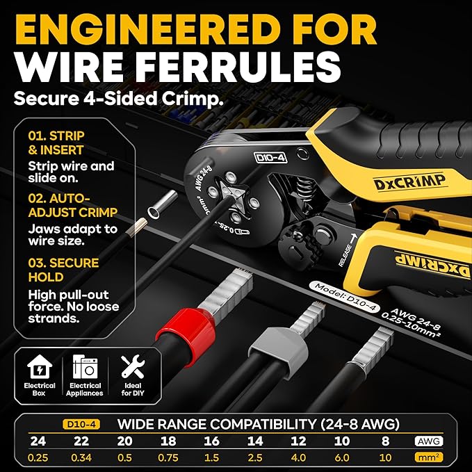 Ferrule Crimping Tool Kit, AWG 24-8 (0.25-10mm²) Ratchet Crimper, 24 Types Insulated, Uninsulated & Twin Wire Ferrules - for DIY Electrical, Control Panels, Car | Complete kit: Self-adjusting crimper for uninsulated/insulated ferrules. Ideal for DIY el...