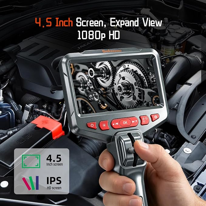 Two-Way Articulating Borescope, 1080P HD Industrial Endoscope Inspection Camera with 8 LED Lights, Mechanical Tool for Automotive, HVAC, Plumbing, IP67 Waterproof & 5ft Semi-Rigid Flexible Snake Probe